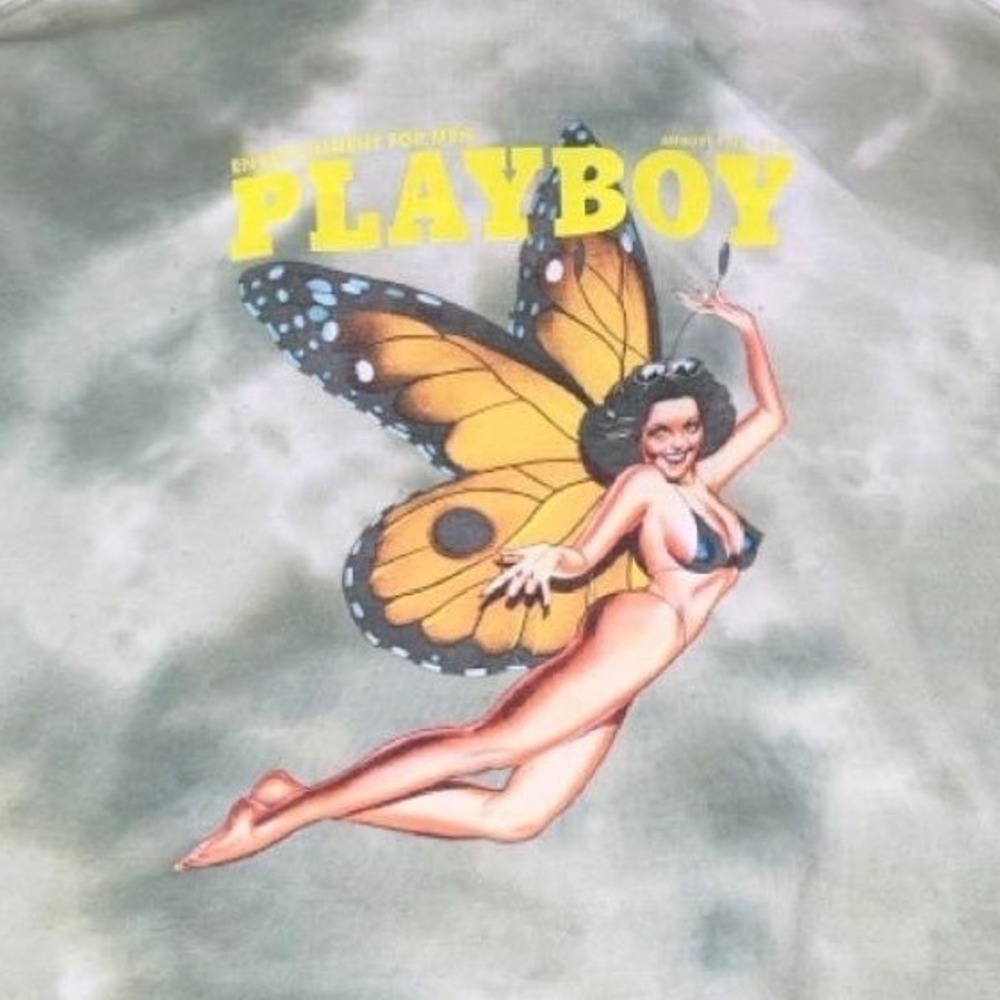 Playboy Hoodie L Butterfly Pinup Back Print Green Tie Dye August 1967 Pullover - Picture 4 of 5